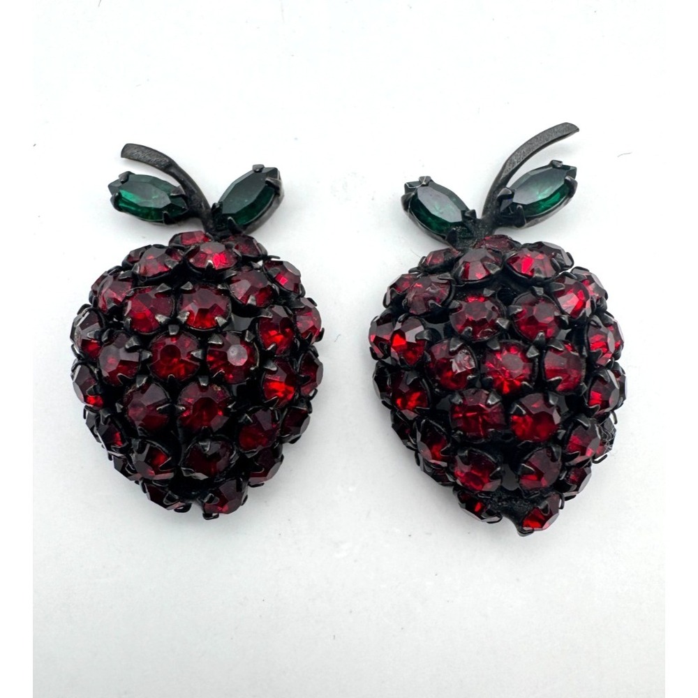 Vintage  Strawberry Earrings Fruit Clip On Red Rhinestone Black Metal